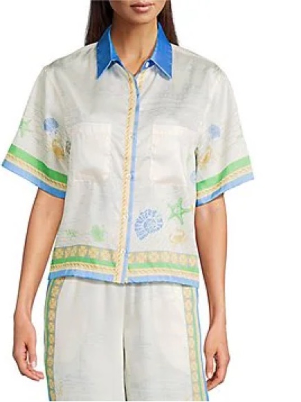 🆕 Current Air Coastal Border Print Short Sleeve Button Front Shirt